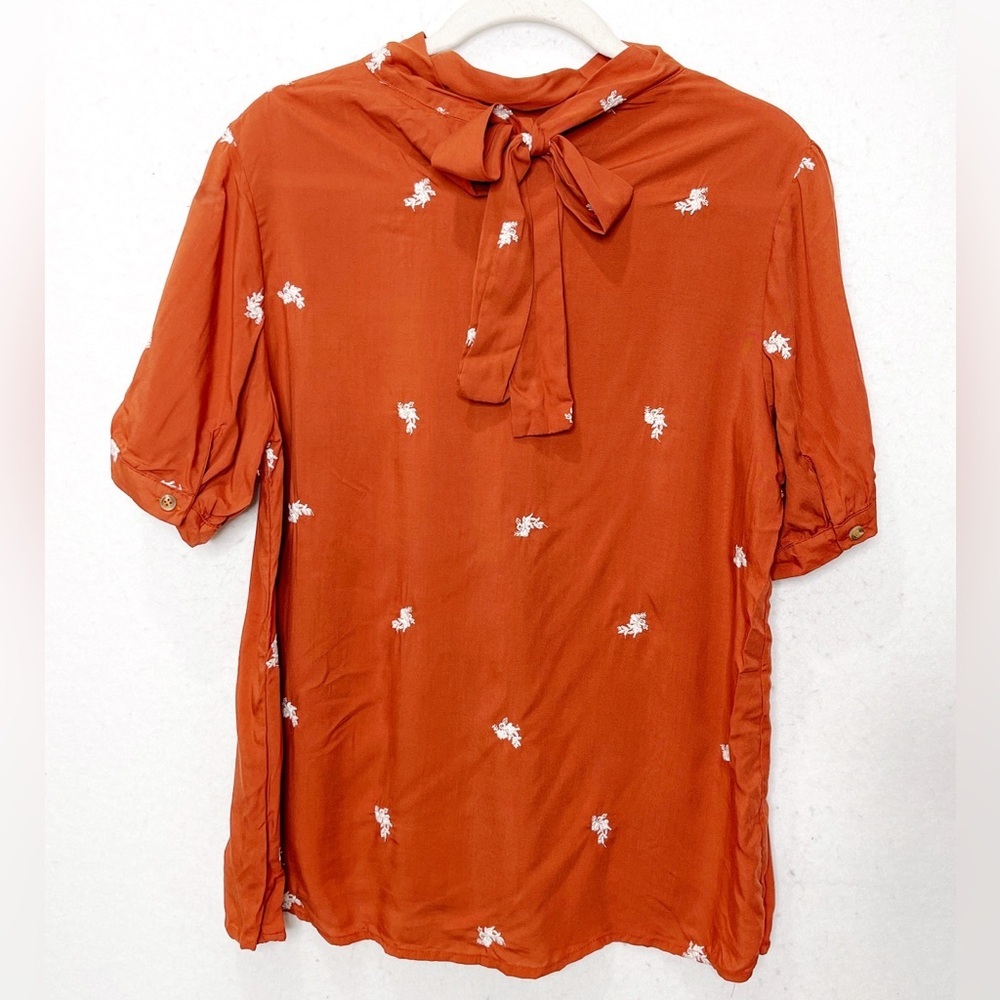 Böhme Embroidered Floral Rust Blouse Tie On Back Bohemian  Size Large - Picture 2 of 7